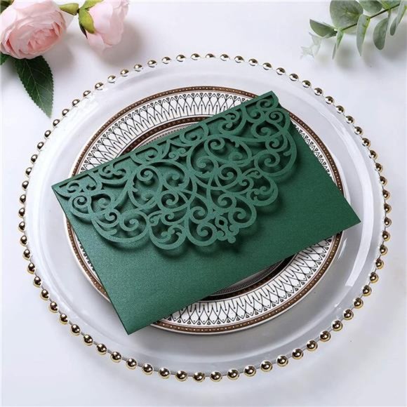 5.12 x 7.2 Emerald Green Invitation Cards, Trifold laser cut invitations Wedding - Picture 5 of 6